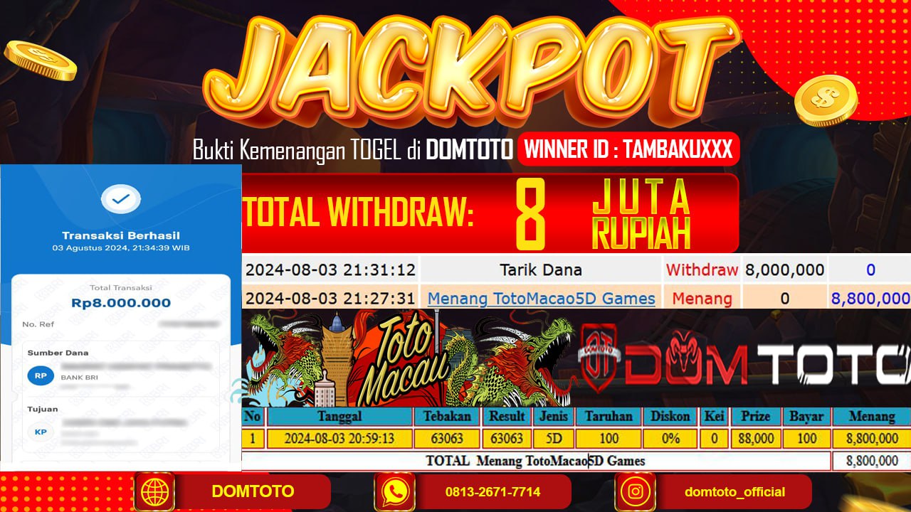 JACKPOT TOGEL TOTO MACAU 5D 03 AGUSTUS 2024